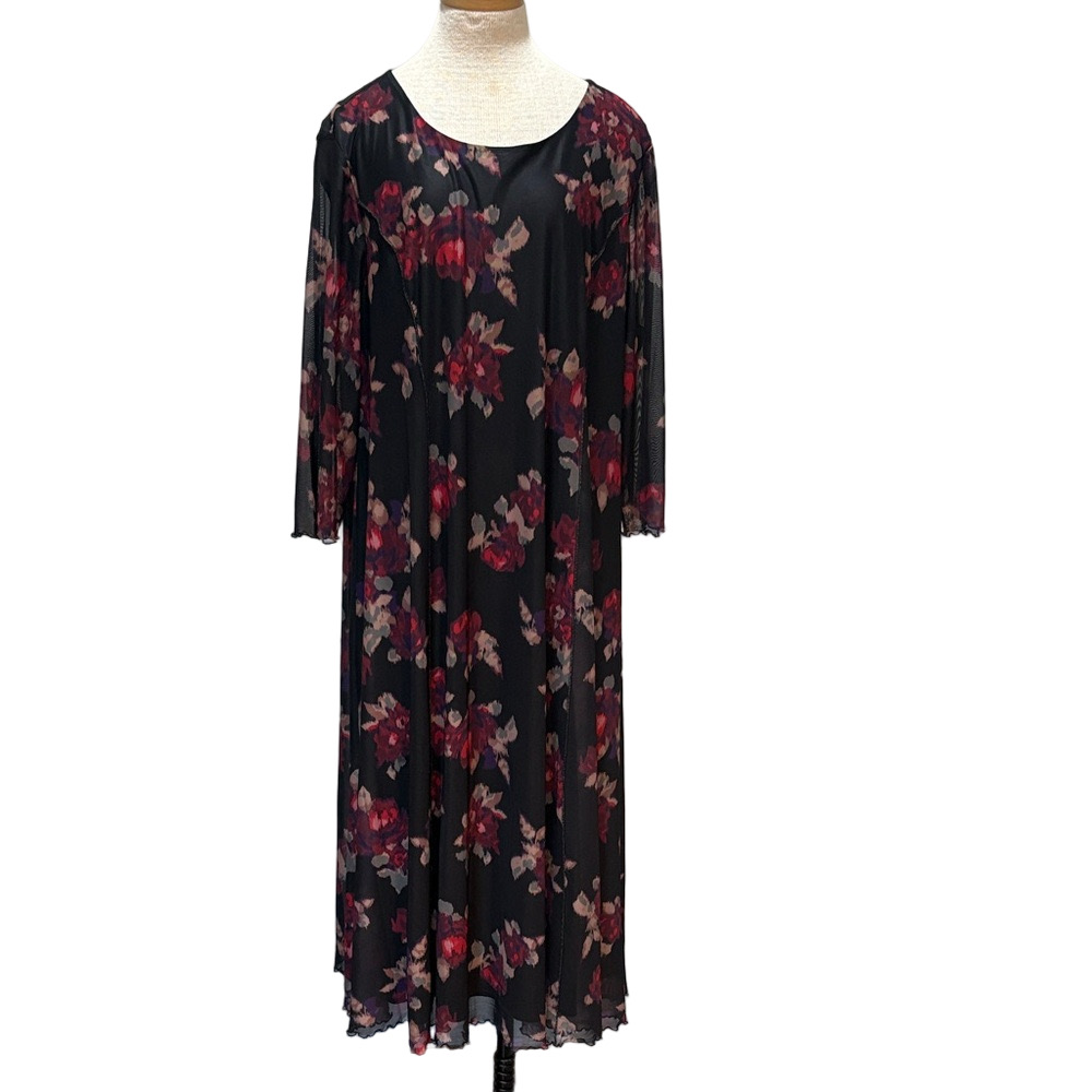 Coldwater Creek sz 2X black floral maxi dress with sheer sleeves